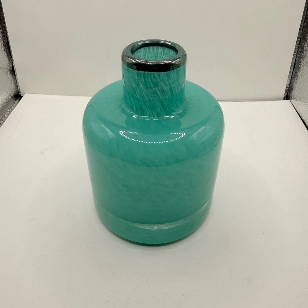Hand-Blown Glass Vase Home Decor Medium Turquoise Swirl Silver Rim Modern